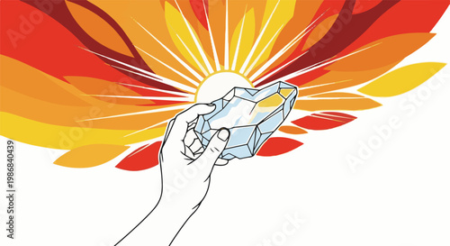 Hand holding crystal with sunburst background