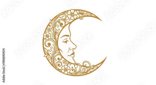 Golden crescent moon profile adorned with intricate floral scrollwork