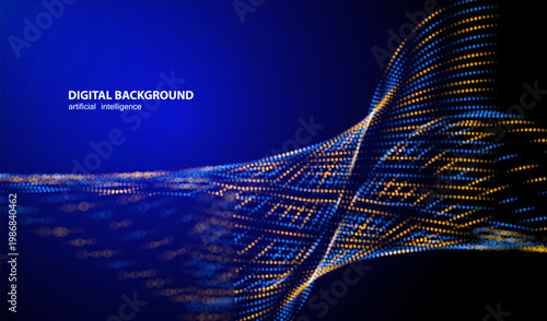 Waving dot lines technology concept.  Ai big data stream net line on blue background. Futuristic concept of network vector blurred design.