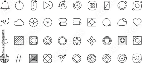 Collection of various line icons and symbols on white background