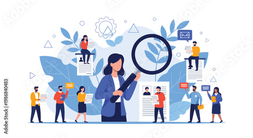 HR manager using a giant magnifying glass to carefully scan and review candidate resumes during a professional hiring process.