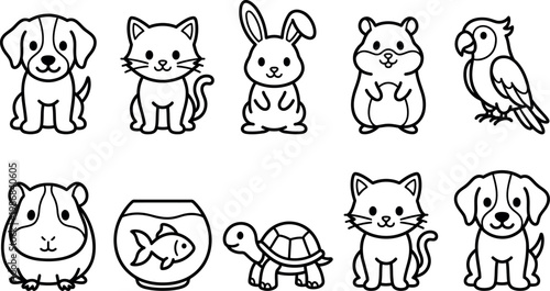 Cute cartoon animals and pets line art illustrations collection