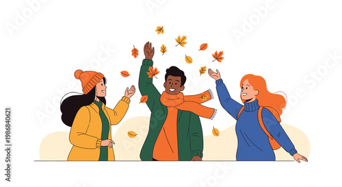 Group of joyful friends wearing warm autumn clothing and having fun by throwing colorful fallen leaves into the air together.