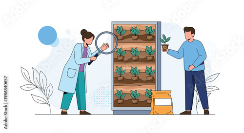 Professional scientists in white lab coats using a magnifying glass to inspect green plants growing in an indoor vertical garden.
