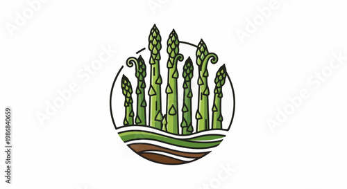 Green asparagus stalks grow from brown and green soil within a circle