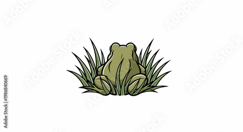 Green frog crouches hidden within tall green grass blades
