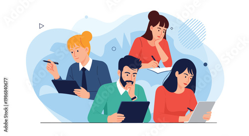 Diverse group of focused young people sitting together while studying and working on their individual tasks and assignments.