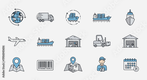 Icons depicting various aspects of logistics and shipping