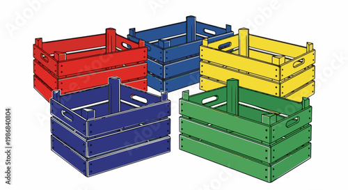 Four stacked wooden crates in red, blue, yellow, and green