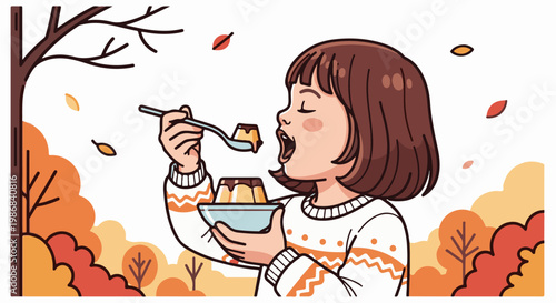 Girl eating pudding in an autumn landscape
