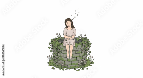 Girl sitting on an overgrown well, with stars and dream bubbles
