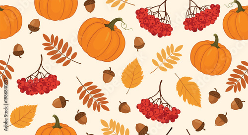 Seamless repeating pattern design featuring orange autumn pumpkins, red rowan berries, brown acorns, and colorful fall leaves.