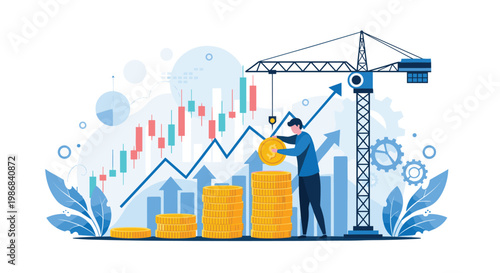 Construction crane lifting a large gold dollar coin to build a tall stack representing financial growth and investment success.