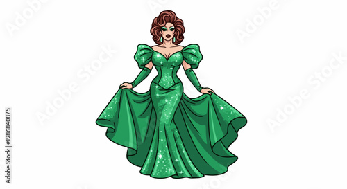 Glamorous figure in a sparkling green gown with voluminous sleeves and train