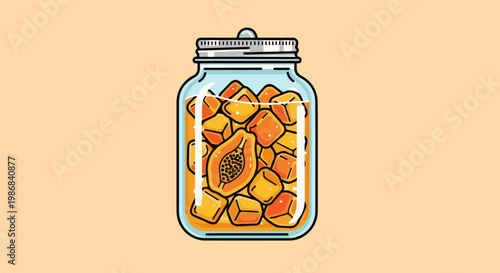 Glass jar filled with papaya slices and ice cubes in orange liquid