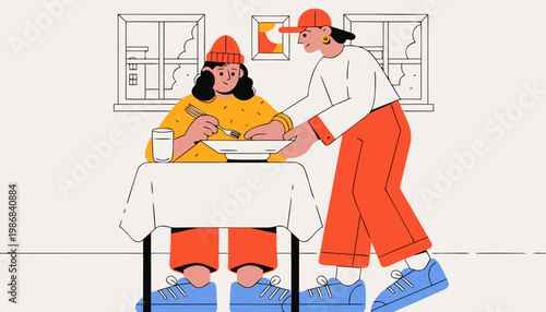 Person helping woman eat using adaptive plate at home supportive care inclusive lifestyle and assistance