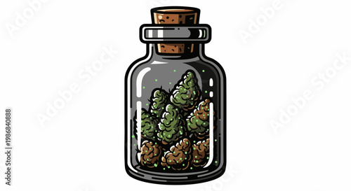 Glass jar with cork lid containing green cannabis buds and brown floral material