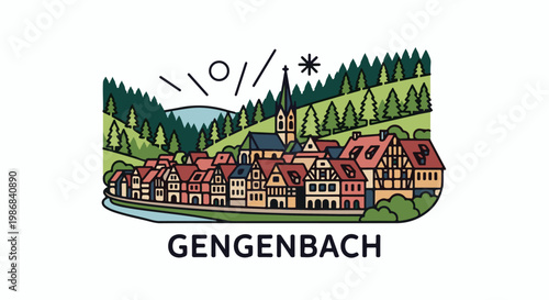 Idyllic European village with a river, church, and forest backdrop