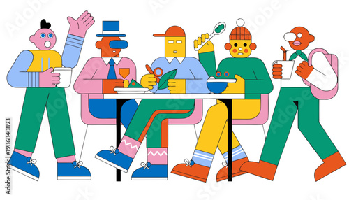 People eating together at table colorful group of friends enjoying meal and social time in modern interior illustration