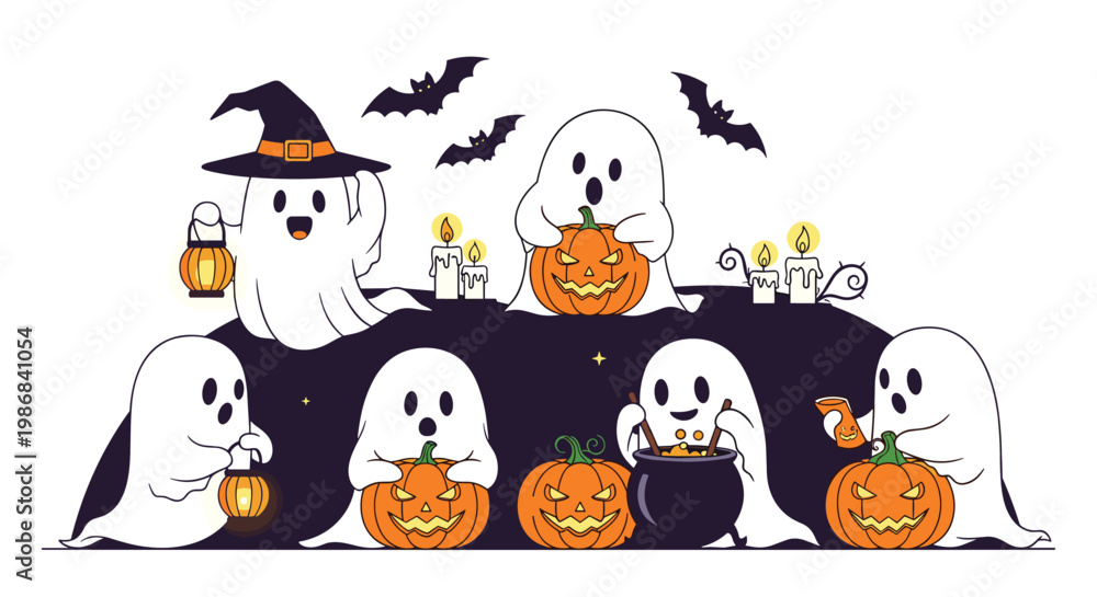 Fototapeta premium Scene of friendly ghosts wearing purple witch hats and gathering around glowing jack-o-lantern pumpkins for Halloween fun.