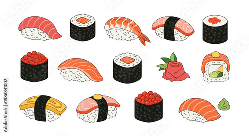 Large variety of delicious Japanese sushi including nigiri, maki rolls, and gunkan with salmon, tuna, and fresh ingredients.