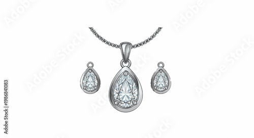 Gleaming pear-shaped diamond pendant and matching earrings on a silver chain