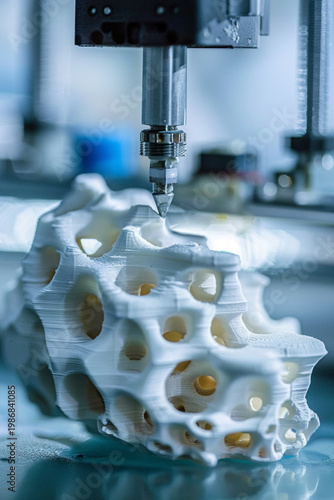 Close-up of 3D Printer Extruder Head Printing Complex Generative Lattice Structure, Innovative Additive Manufacturing Technology in Industrial Laboratory
