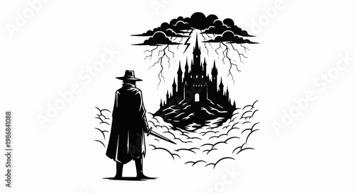 Figure with sword stands before a dark, stormy castle