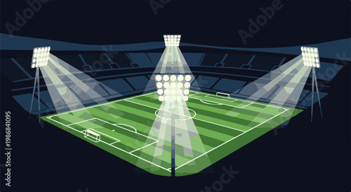 Illuminated soccer stadium at night, showing green field and lights