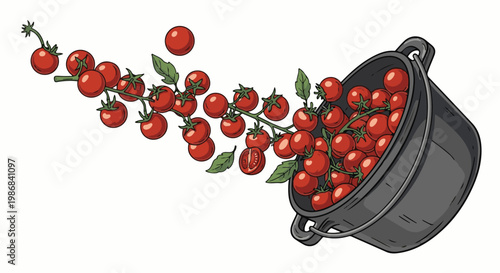 Fresh red cherry tomatoes spilling from a bucket