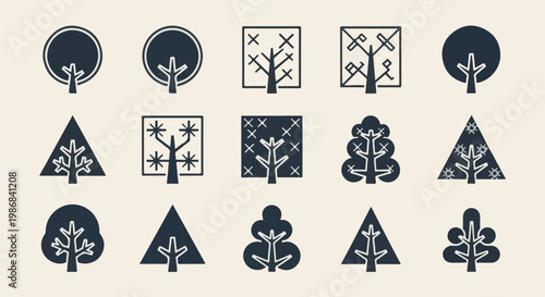 Fifteen stylized tree icons in various shapes and sizes against a cream background