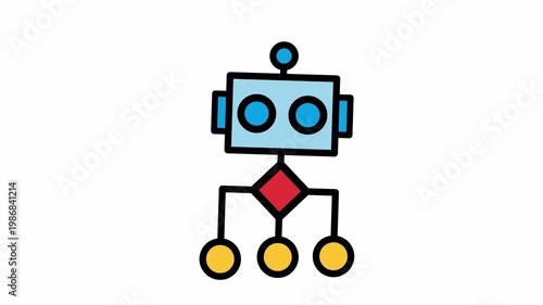 A simple, colorful cartoon illustration of a robot with a square head, circular eyes, and a flowchart-like body structure with three yellow output nodes.