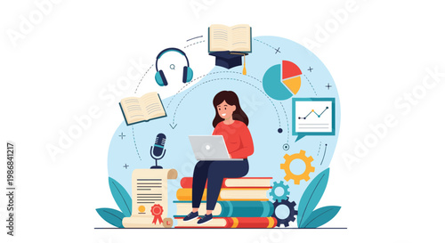 Smart young woman sitting on a tall stack of books and using her laptop for online education and digital learning activities.