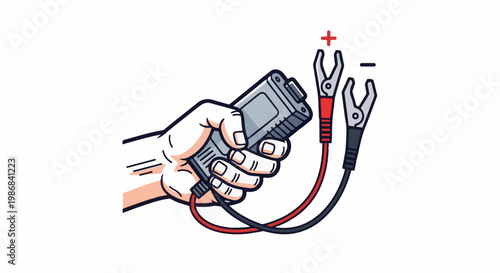 Hand holds a battery tester with positive and negative clips connected