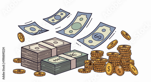 Illustrated piles of cash and falling currency, money rain