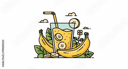 Fresh yellow banana smoothie in a glass with fruit and leaves