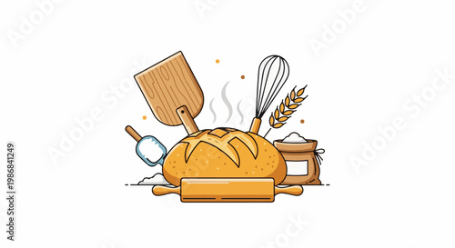 Freshly baked bread with baking tools, flour sack, and wheat stalk