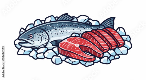 Freshly caught salmon, whole and sliced, resting on a bed of ice