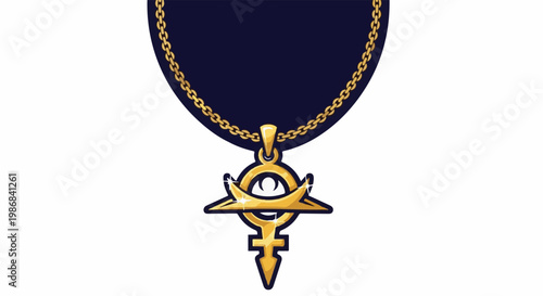 Gleaming gold amulet with an eye symbol on a dark chain