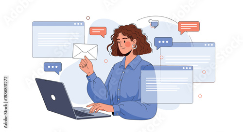 Busy woman working on a laptop computer surrounded by numerous floating message bubbles and digital window interfaces.