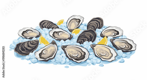Freshly shucked oysters nestled on a bed of crushed ice with lemon wedges