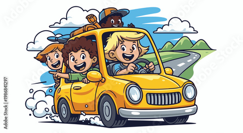 Happy kids on a joyful road trip in a bright yellow car