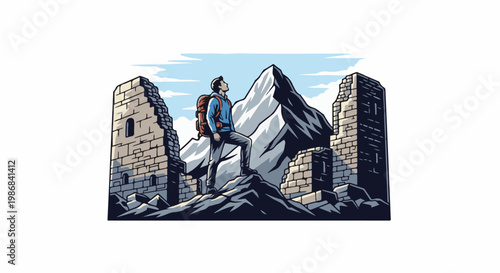 Hiker standing amidst mountain ruins, looking up at peak
