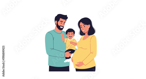 Loving family consisting of a father holding a small child and a pregnant mother standing together in a warm domestic setting.