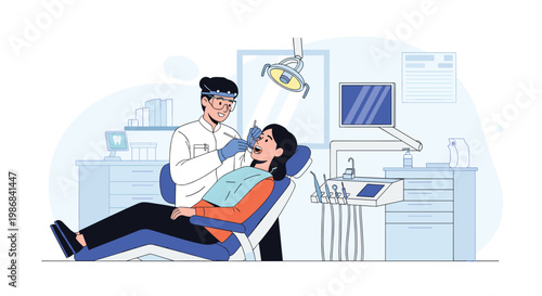 Professional dentist in a white coat examining a female patient's teeth using modern tools in a clean dental clinic office.