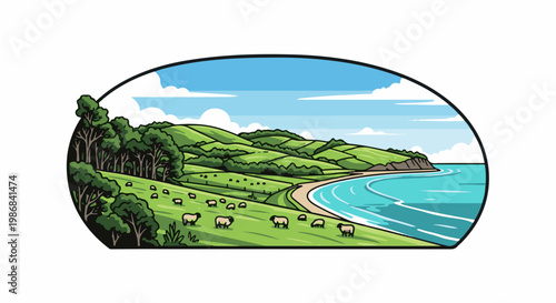 Green rolling hills meet a turquoise ocean with sheep grazing
