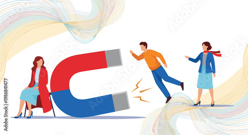 Large red and blue horseshoe magnet attracting a man while two professional women observe the powerful magnetic force.