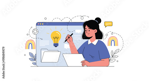 Creative woman using a stylus and digital tablet to design new ideas on a screen with a bright glowing light bulb icon.