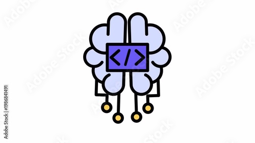 Stylized brain icon with a code symbol representing artificial intelligence and machine learning concepts.