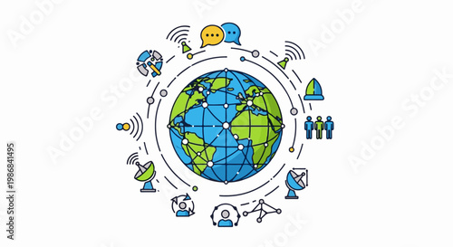Global communication network connecting people, satellites, and information